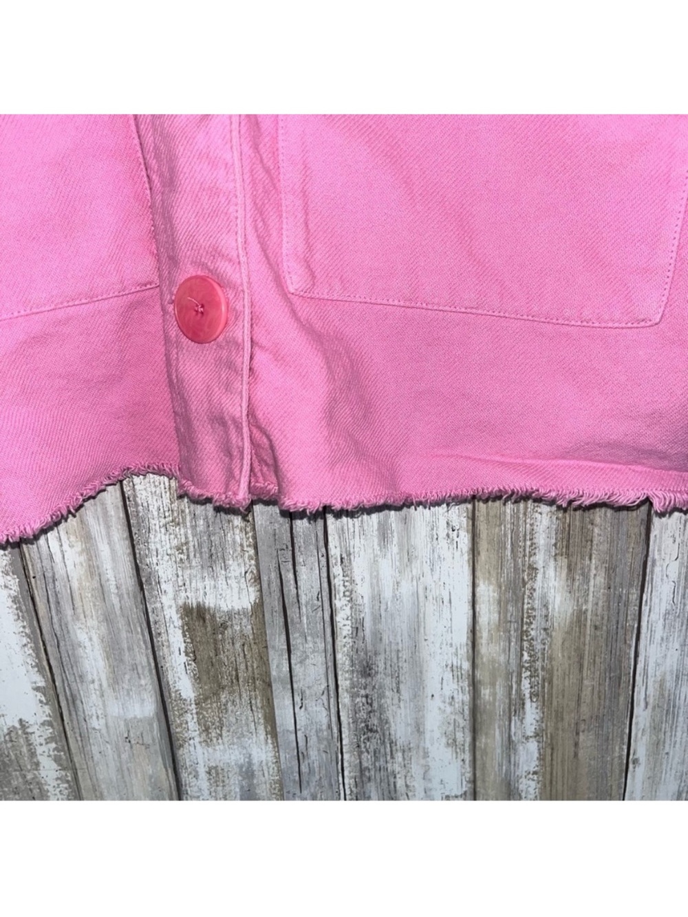 Zara Pink Cropped Denim Jacket Raw Hem Boxy Utility Jean Jacket Women’s S - Picture 3 of 8